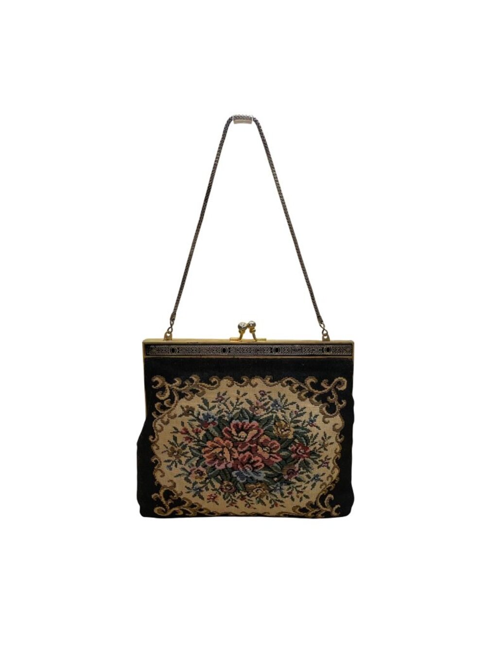 Vintage Women’s Black Floral Embroidered Gold Frame & Chain Strap Purse Handbag